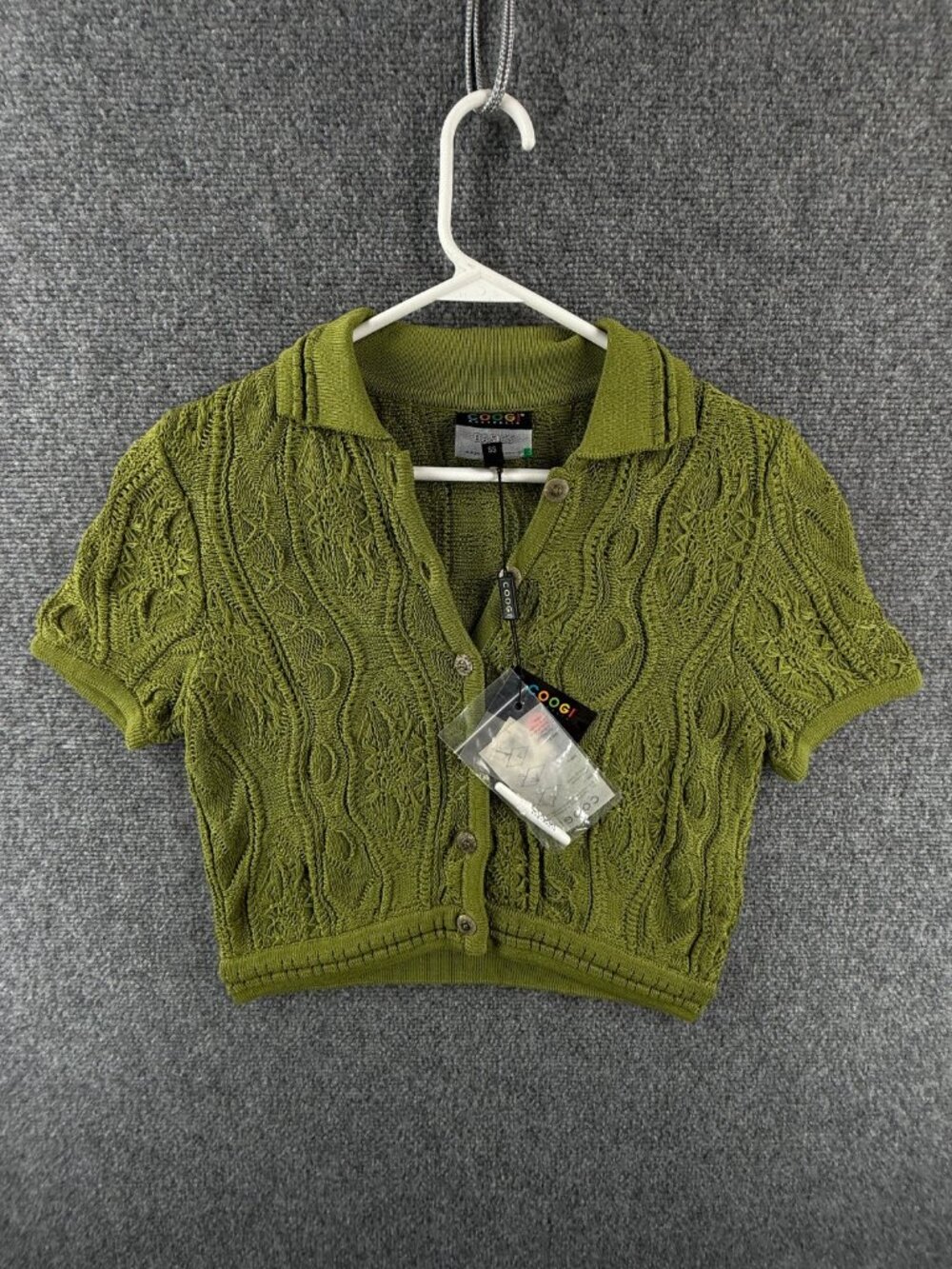 NWT Coogi Australia Short Sleeve Green 3D Knit Cardigan Sweater XS Cotton Button